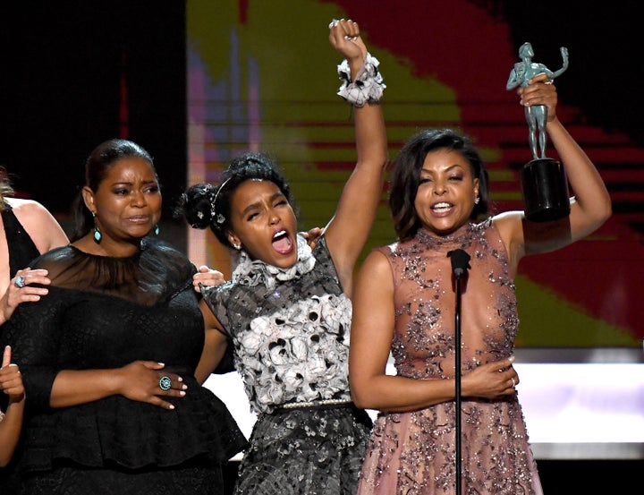 Octavia Spencer, Janelle Monáe, and Taraji P. Henson accept the SAG Award for Outstanding Performance by a Cast in a Motion Picture for "Hidden Figures" on Sunday. 