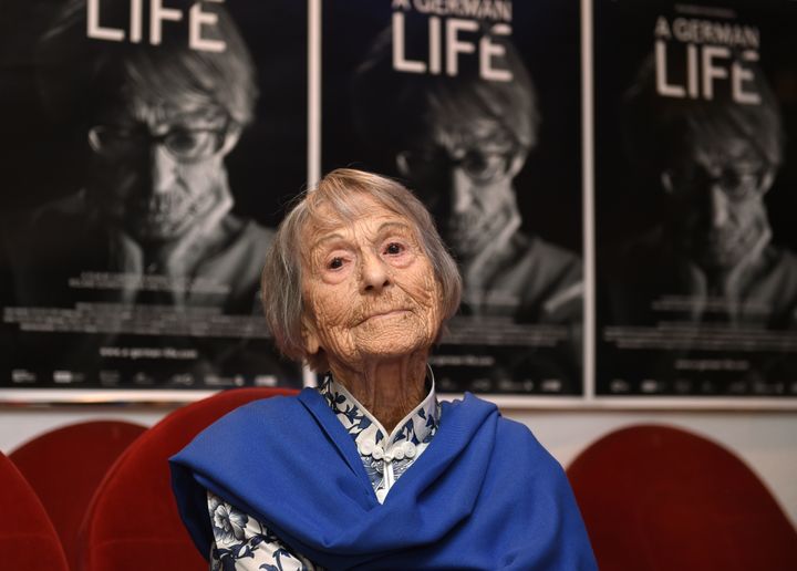 Brunhilde Pomsel in front of posters for A German Life in 2016 