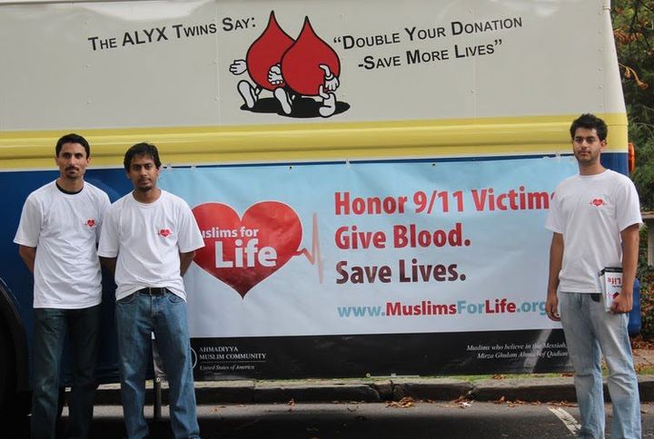 <p>With Muslim youth in front of a blood mobile at one of many blood drives across the country.</p>