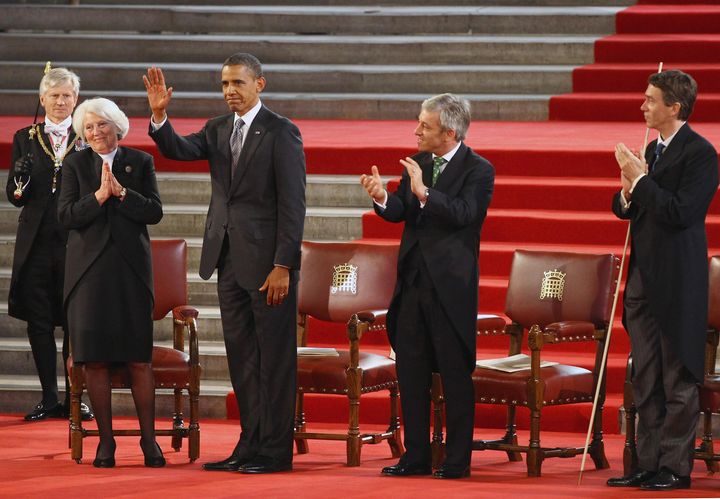 Barack Obama in Westminster Hall in 2011, flanked by the Commons and Lords Speakers and the Great Lord Chamberlain