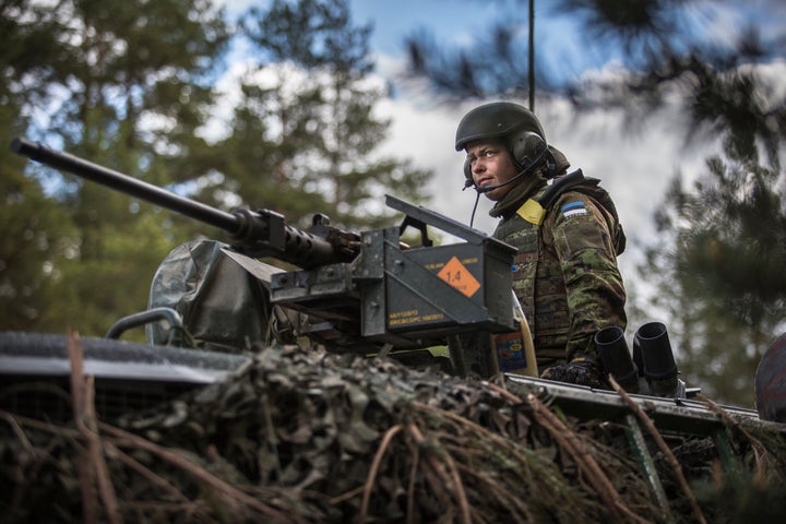 Estonian soldier seen through the course of 5,500 large NATO troop exercise in Estonia on May 17, 2016.