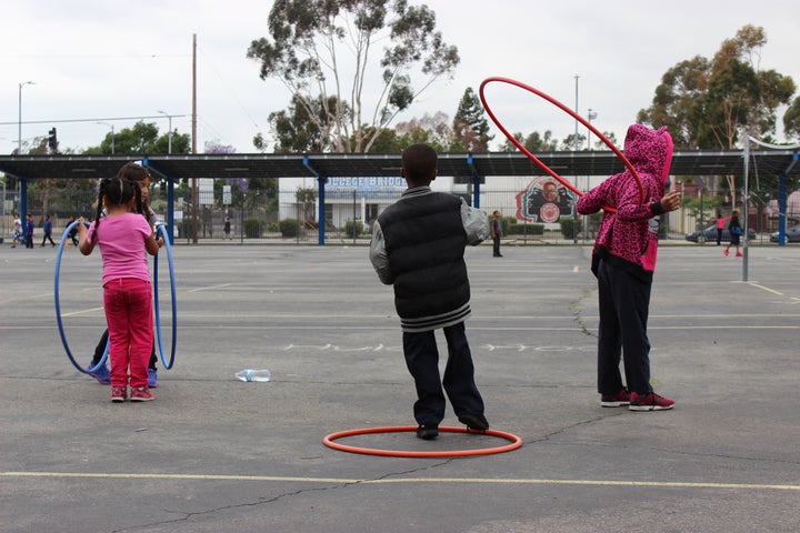 It’s recess time at the Florence Griffith Joyner Elementary School in Los Angeles’ Watts neighborhood. Joyner has been using “restorative justice” methods staff credit with improving kids’ emotional and academic skills. Extra funding has helped provide an adviser on this method. 