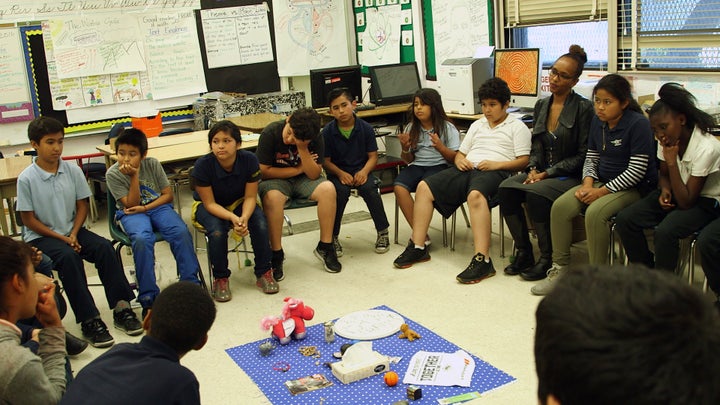 Fifth grade teacher Raquel Williams is a pioneer in directing regular “restorative justice” circles in her classroom in Watts. 