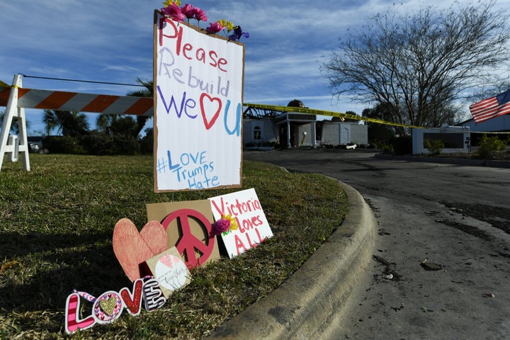 Signs rest outside the Victoria Islamic Center a day after a fire destroyed the mosque in Victoria, Texas January 29, 2017.