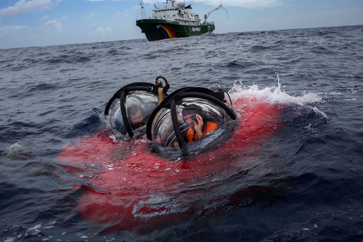 Researchers Ronaldo Francini Filho and John Hocevar descend in a mini-submarine for their first close-up examination of the&n
