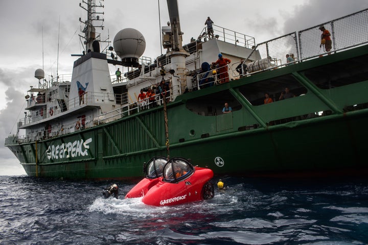 Oceanographers take off in submarine launched from Greenpeace ship MY Experanza off the coast of Brazil to explore the A