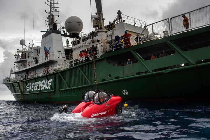 Oceanographers take off in submarine launched from Greenpeace ship MY Experanza off the coast of Brazil to explore the Amazon Reef.