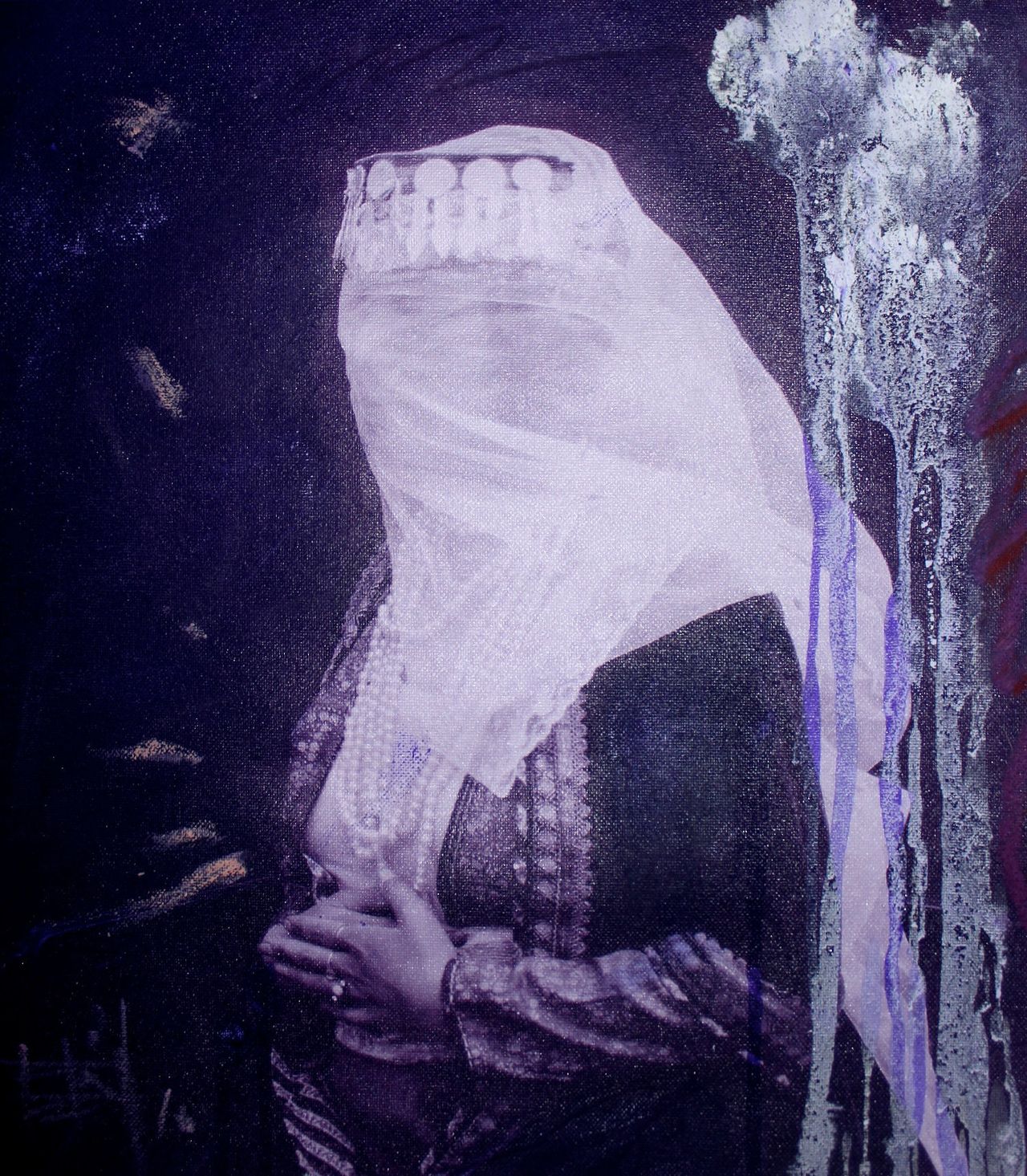 Firouz Farman-Farmaian. "A Woman with Veil in Purple (Study IV)" (2016), amazonite pigment, acrylic, digital art layered on archival canvas print, 15”x14”.