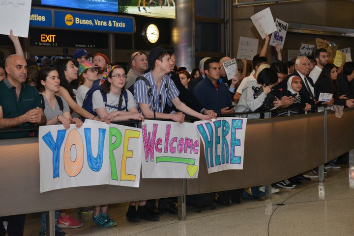 Demonstrators against Trump's Muslim ban come together for a second day of protests at Los Angeles International Airport on S