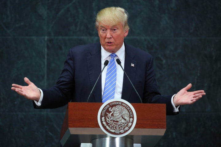 Then-presidential candidate Donald Trump speaks in Mexico City in Aug. 2016. Trump is considering using a 20-percent import tax to get Mexico to fund the border wall.