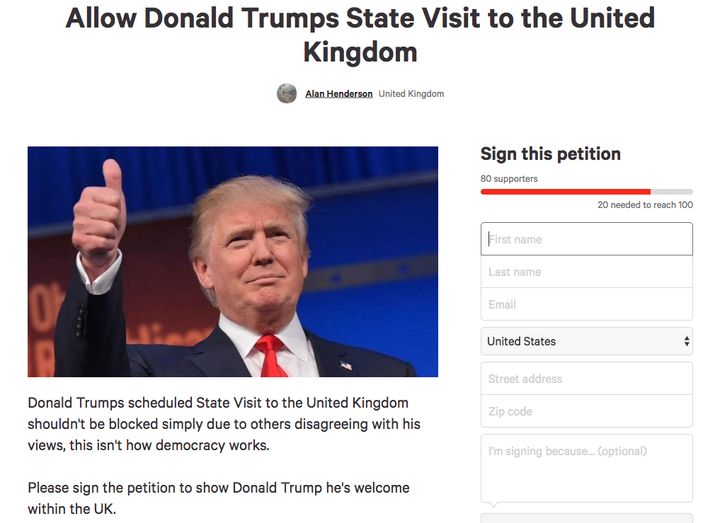 The Change.org petition supporting Donald Trump's visit to the UK