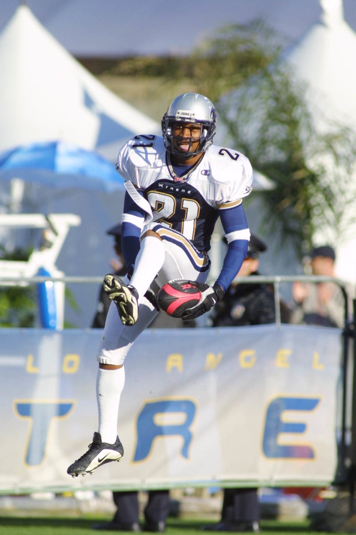 Celebrations -- the bigger the better -- were always encouraged in the XFL. Here, Reggie Durden of the Los Angeles Xtreme celebrates a touchdown against the San Francisco Demons on April 21, 2001.