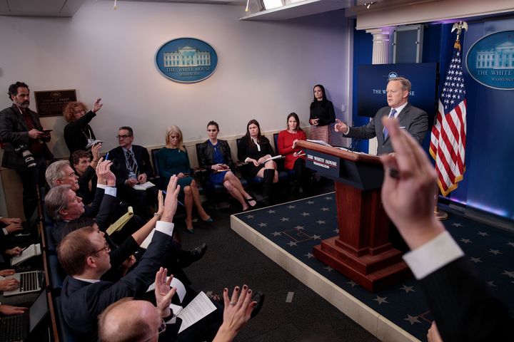 Press secretary Sean Spicer answers questions during his daily press briefing at the White House on Jan. 30.