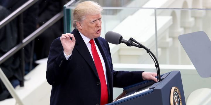 President Donald Trump delivering his inaugural address, January 20th.