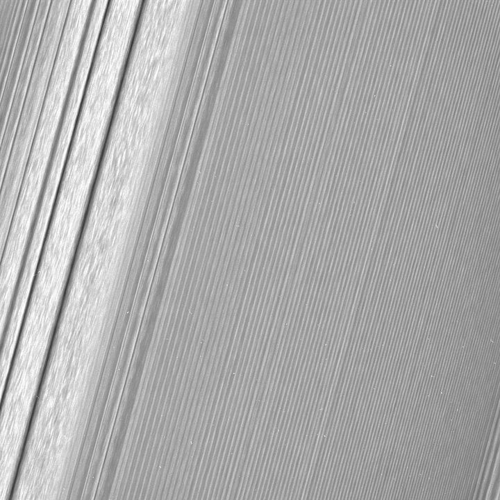 A density wave in Saturn's A ring caused by accumulations of particles at certain distances from the planet. This feature is filled with clumpy perturbations, which researchers informally refer to as "straw." The wave itself is created by the gravity of the moons Janus and Epimetheus, which share the same orbit around Saturn.