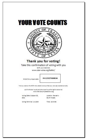 <p>An example Travis County voting receipt with a tracking number that can be used to verify the vote online.</p>
