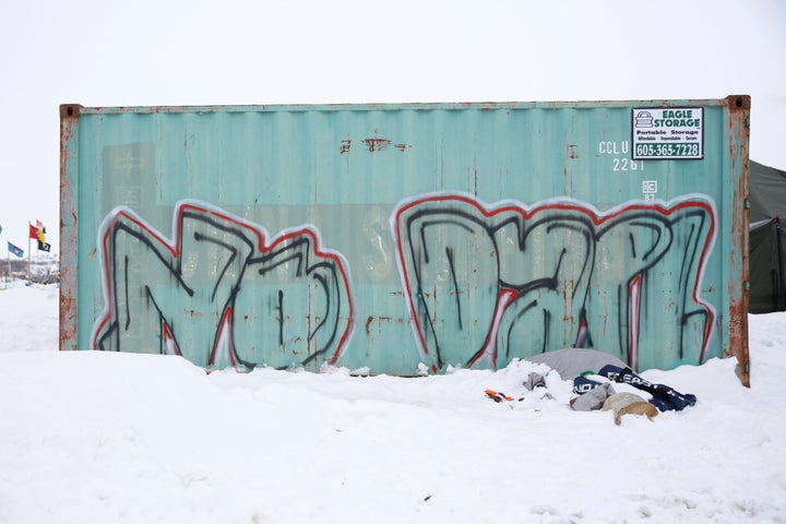 An anti-DAPL message at a protest camp on the edge of the Standing Rock Sioux Reservation near Cannon Ball, North Dakota.