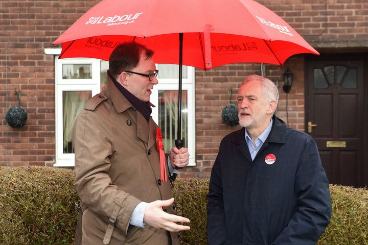 Labour's candidate Gareth Snell with party leader Jeremy Corbyn during a campaign visit
