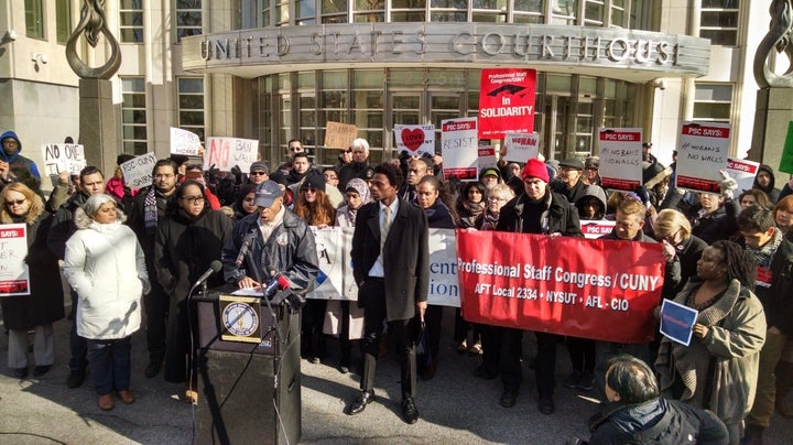 At the rally on Monday in front of the U.S. Courthouse for the Eastern District of New York, Brooklyn Borough President Eric Adams speaks about Saira Rafiee’s inability to enter the country.