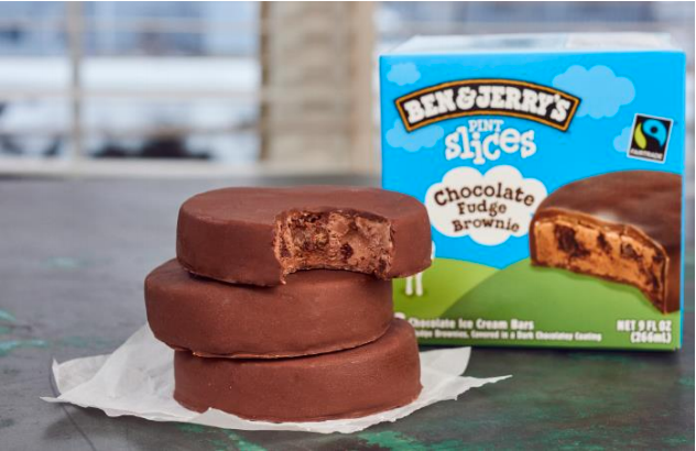 "Chocolate ice cream bars with fudge brownies, covered<br />in a dark chocolatey coating." 