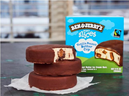 "Peanut butter ice cream bars with peanut butter cups, covered in a dark chocolatey coating." 