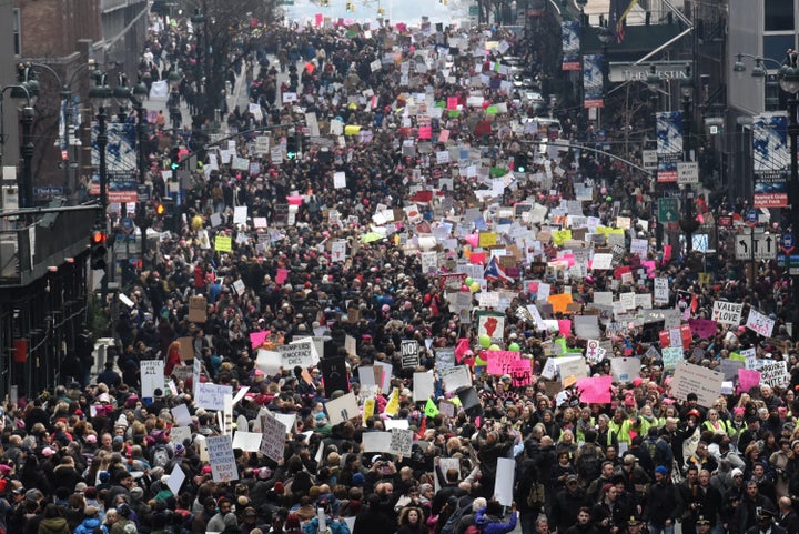 People participate in a Women's March to protest against U.S. President Donald Trump in New York City, U.S. January 21, 2017.