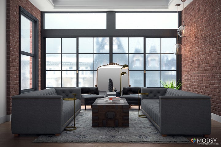 <p>Two long sofas allow guests to face each other as they chat over drinks.</p>