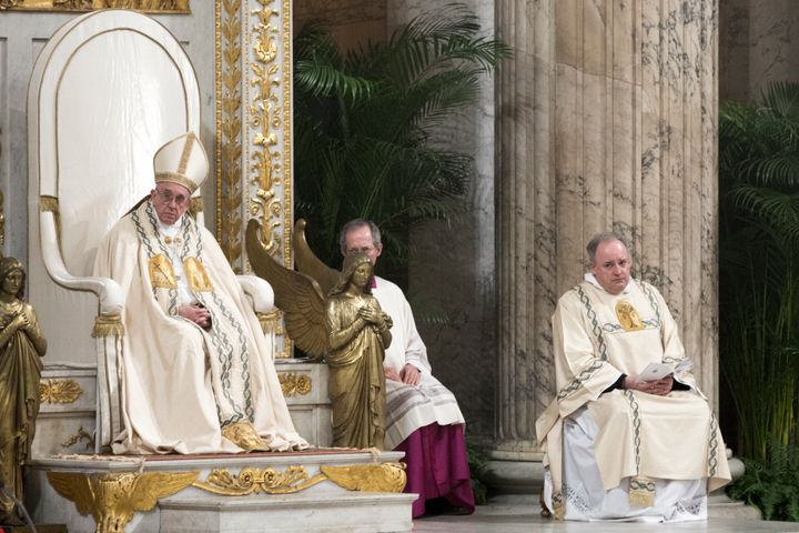 Pope Francis leads the Vespers mass on the occasion of the solemnity of the conversion of Saint Paul the Apostle on January 25, 2017 at St. Paul's Basilica.