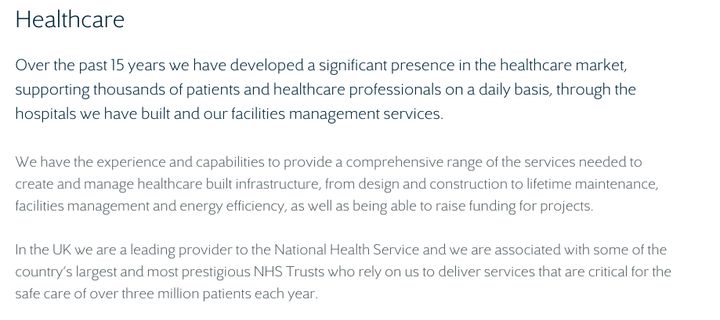Carillion said it is a 'leading provider' to the NHS in Britain, relied upon to 'deliver services that are critical for the safe care of over three million patients