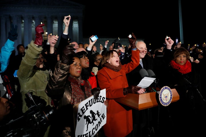 House Minority Leader Nancy Pelosi (D-Calif.) speaks during a rally against President Donald Trump's travel ban outside the Supreme Court on Jan. 30.