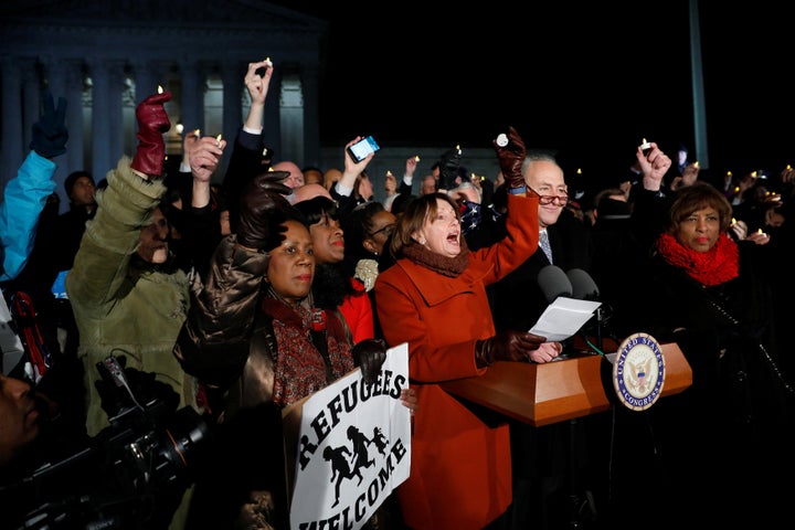 House Minority Leader Nancy Pelosi (D-Calif.) speaks during a rally against President Donald Trump's travel ban outside the Supreme Court on Jan. 30. 