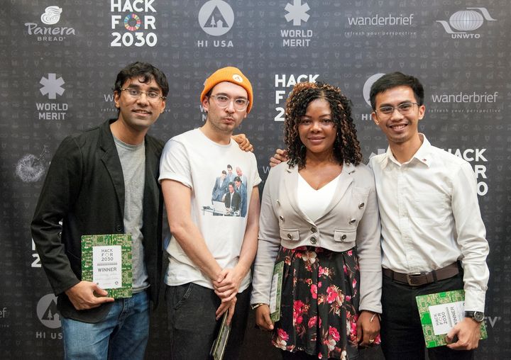 Hack For 2030 Winners: UNWTO App(From left to right, Gururaj Sridhar, Ramin Bahari, Femata Subblefield, Richard Yatar)