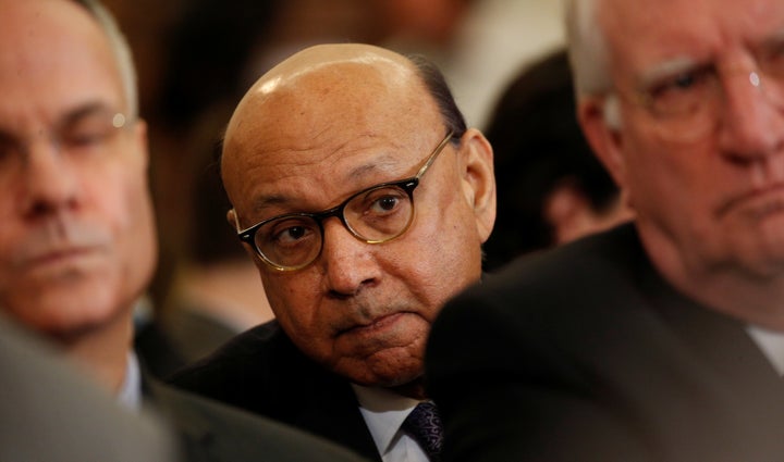 Khizr Khan, the Pakistan-born father of a U.S. Army captain killed in the Iraq War, listens to testimony by Sen. Jeff Session