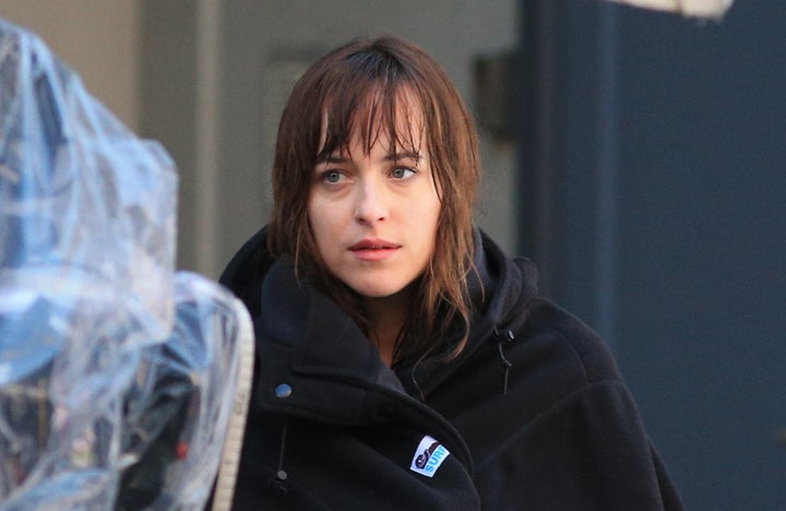 Dakota Johnson as Anastasia Steele on the set of Fifty Shades of Grey 