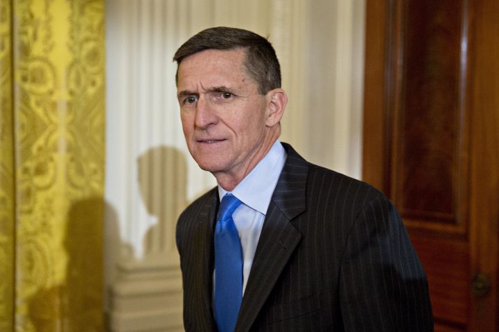 National security adviser Michael Flynn arrives to a swearing-in ceremony of White House senior staff in the East Room of the White House in Washington, D.C., Jan. 22, 2017.