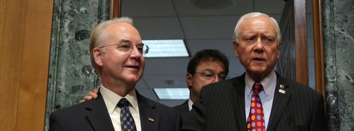 Rep. Tom Price (R-Ga.), left, is welcomed by Senate Finance Committee Chairman Orrin Hatch (R-Utah) prior to testifying before a confirmation hearing on his nomination to be Health and Human Services secretary on Jan. 24.