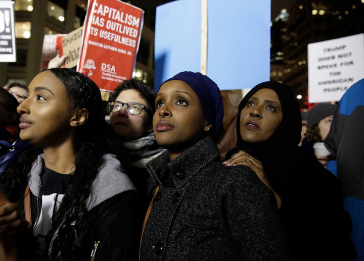 Somali refugees at a rally for immigrants and refugees. Seattle, Jan. 29.