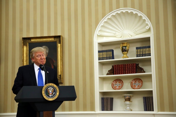 Donald Trump speaking during the swearing-in ceremony for the new US Secretary of State Rex Tillerson on Wednesday