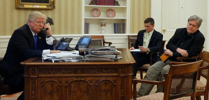 This phone call doesn't even appear to be going well. Donald Trump, Michael Flynn and Steve Bannon on the line with Australian Prime Minister Malcolm Turnbull on Jan. 28, 2017