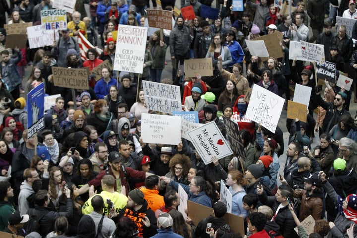 Activists gather at Portland International Airport to protest against President Donald Trump's executive action travel ban in Portland, Oregon, U.S. January 29, 2017.