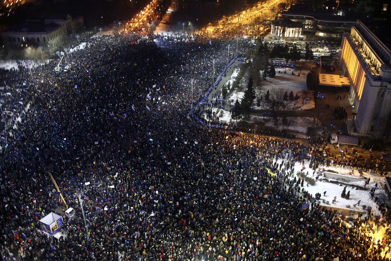 People protest corruption in front of government headquarters in Bucharest, Romania, on Feb. 1, 2017.