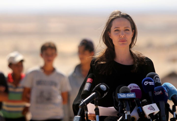 US actress and UNHCR special envoy and Goodwill Ambassador Angelina Jolie speaks during a press conference at Al-Azraq camp f