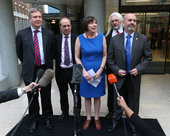 Frances O'Grady, General Secretary of the TUC, with union bosses as the outcome of talks between Aslef and Southern Rail is announced.