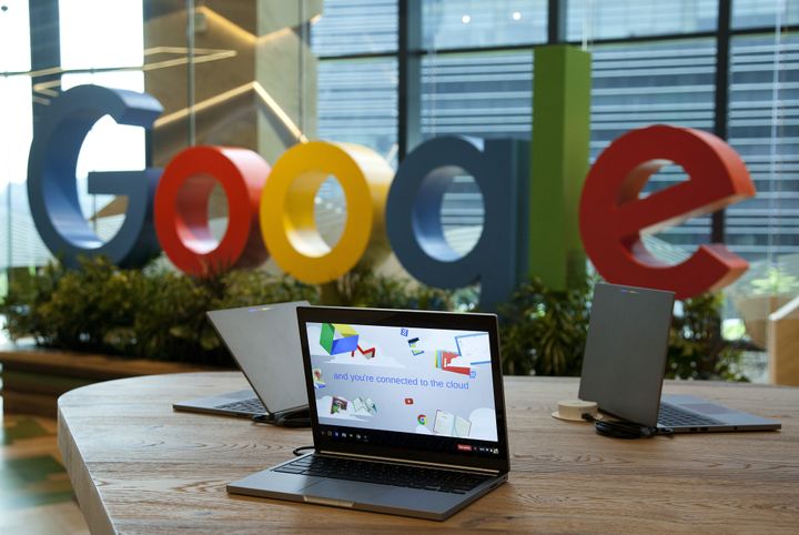 Google Inc. Chromebook laptop computers sit on display at the company's Asia-Pacific headquarters during its opening day in Singapore. Nov. 10, 2016.