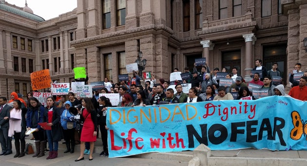 Undocumented youths with United We Dream protest on the steps of the Texas Capitol against a bill to...