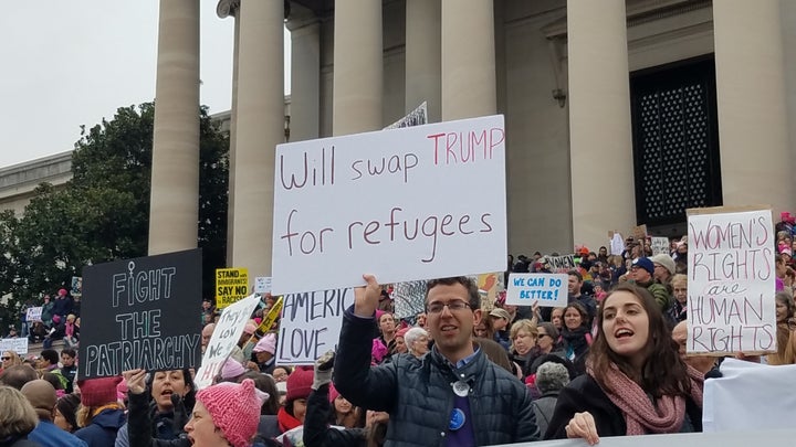 One of the many signs in support of refugees at the Women’s March in Washington, DC on January 21st.
