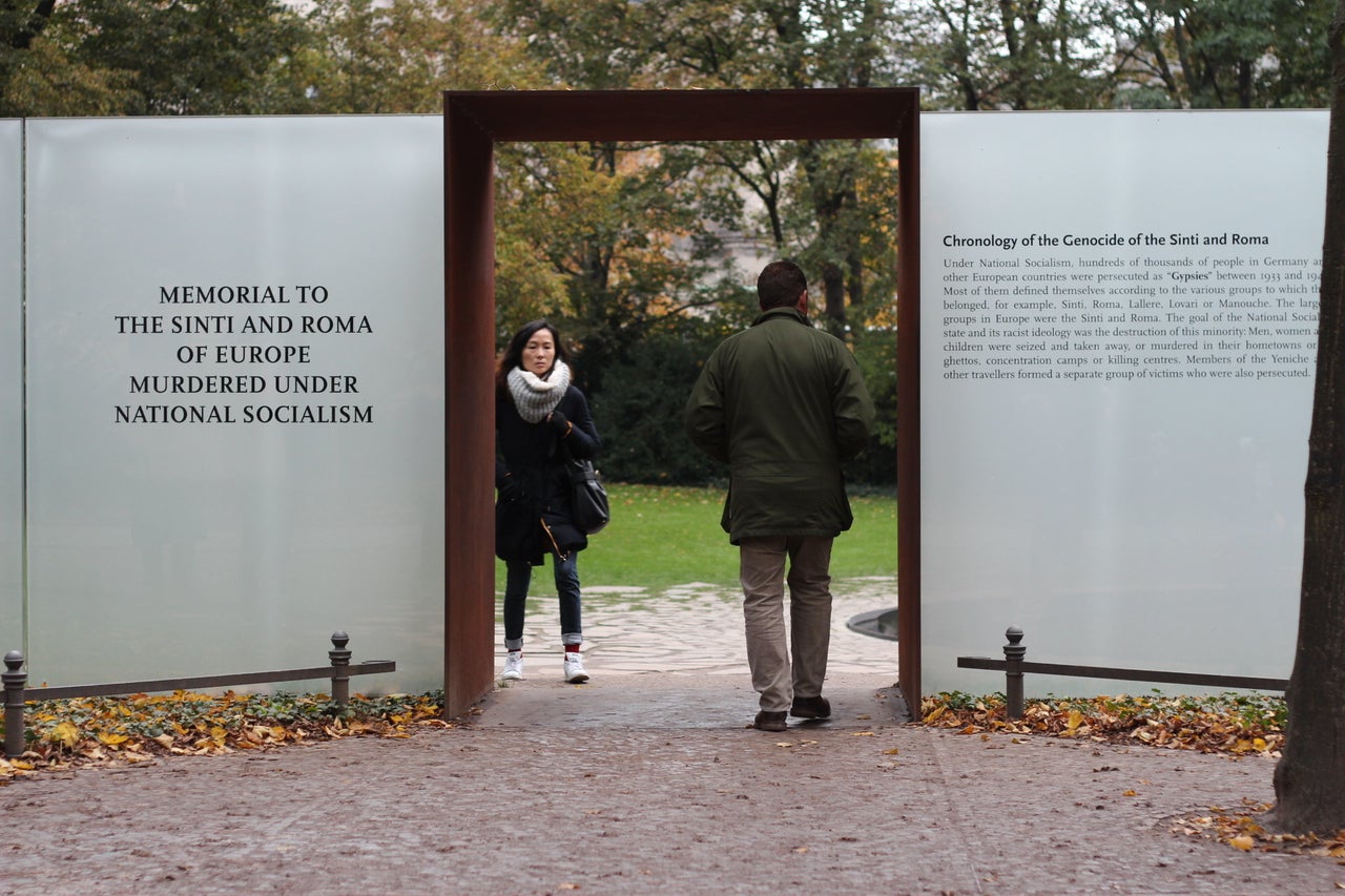 Visitors pass through the Roma memorial in Berlin, Germany.<br>
