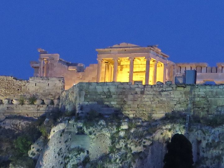 View of Acropolis Hill at night.
