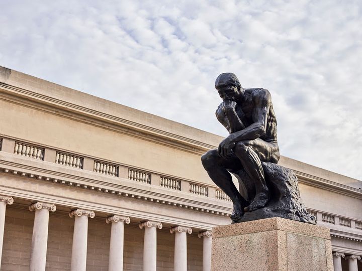 Auguste Rodin, The Thinker, 1888 (enlarged 1902–1903, cast ca. 1914), bronze, 74 3/8 x 38 5/8 x 55 1/8 in. (189 x 98 x 140 cm). Fine Arts Museums of San Francisco.