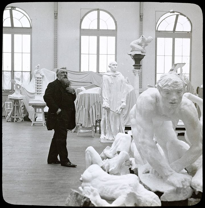 Jules Richard, Rodin in his studio, silver gelatin print on glass, 6.7 x 6.7 cm, collection Musée Rodin.